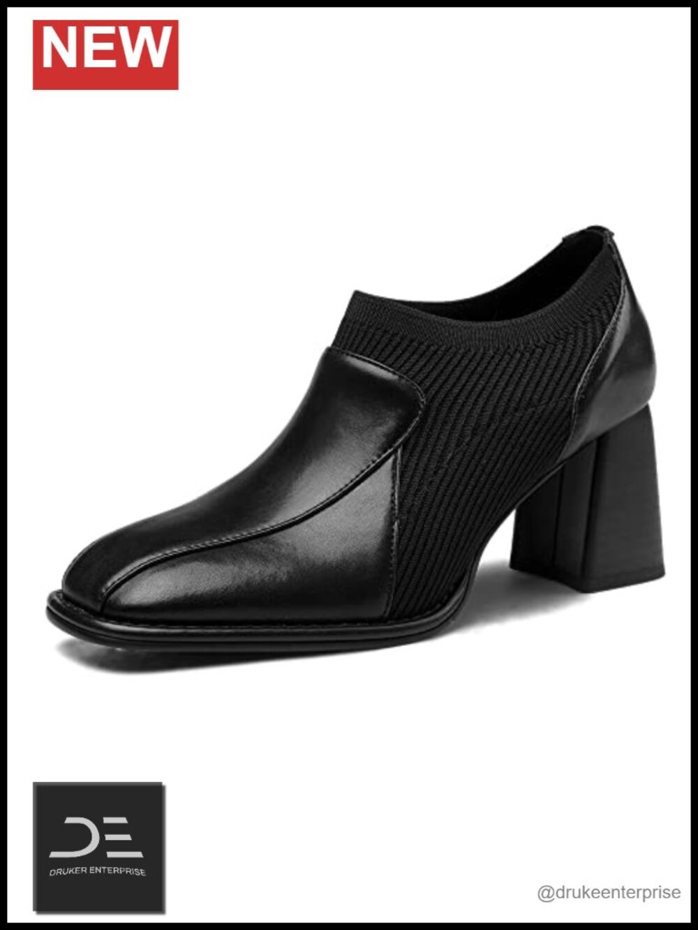 Genuine Leather & Woolen Chunky Heel Pumps Slip On Square Toe